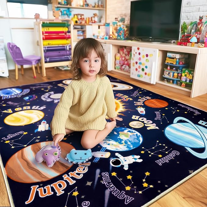Kids Rugs for Playroom, 4x5 Feet Educational Rug for Learn The ABC Alphabet, Soft Machine Washable Non-Slip Cute Space Galaxy Carpet for Classroom Toddler Nursery Kids Room Decor Mat