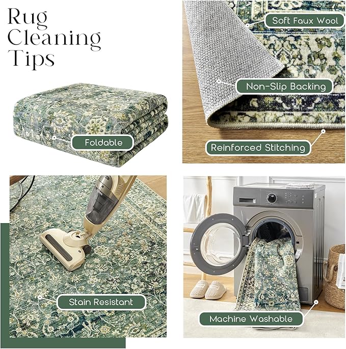 Dark Emerald Green Area Rugs 8x10 for Living Room,Washable Faux Wool Moody Floral Boho Vintage Oriental Indoor Large Carpet for Bedroom Under Bed Dining Room Under Table