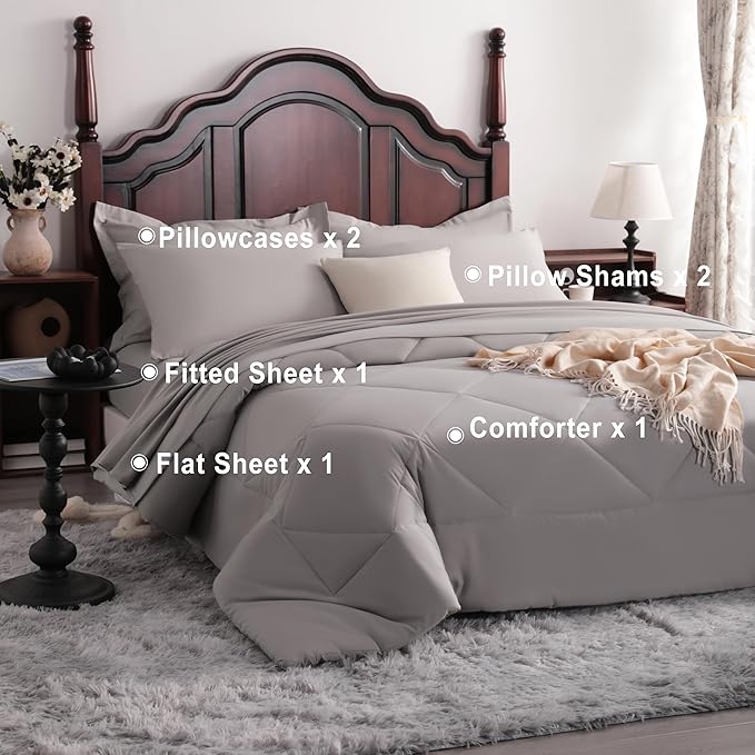 NTBAY King Comforter Set with Sheets, 7 Pieces Soft and Breathable King Bedding Set, Bed in a Bag, Down Alternative Comforter Set Solid Color All Season, Smoke Grey