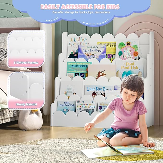 4 Tier Scalloped Kids Bookshelf Natural Wood Toddler Book Rack Nursery Bookcase Playroom Coloring Book Magazine Display Storage Shelf Organizer Classroom Library Homeschooling (White)