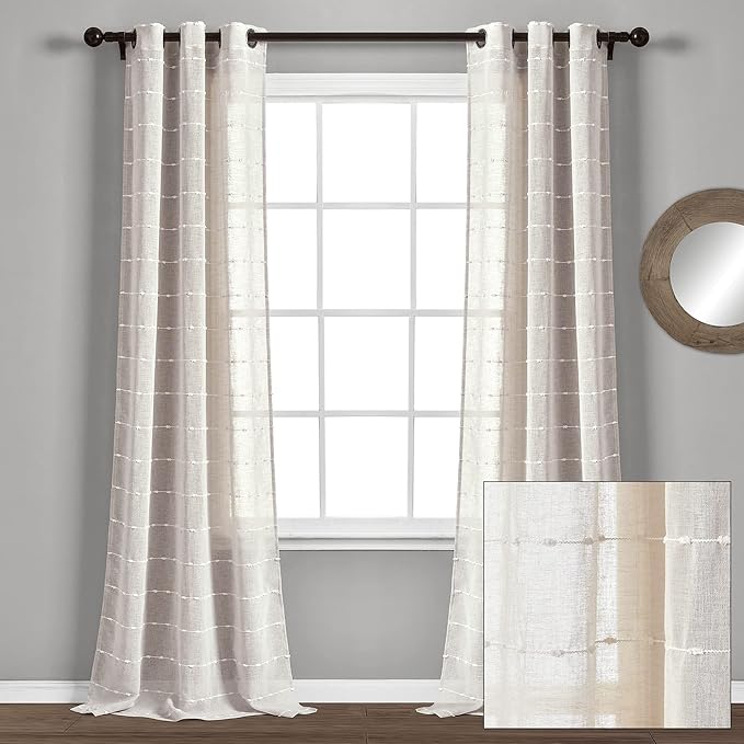 Lush Decor Farmhouse Textured Grommet Sheer Window Curtain Panel Pair, 38"W x 95"L, Beige
