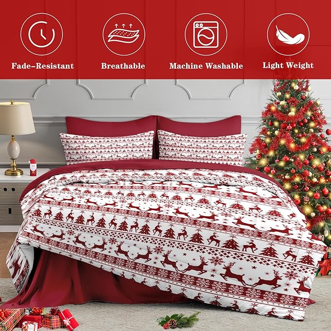 7 Pcs Full Size Christmas Comforter Set with 2 Pillowcases & 2 Shams, Red Winter Funny Reindeer Bedding for Kids and Adults, Pine Tree Snowflake Bed in a Bag with Flat Fitted Sheet