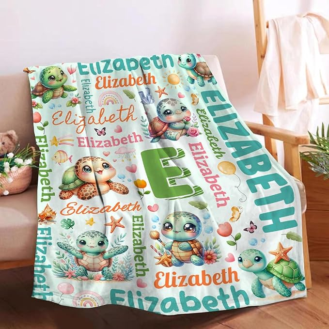 Personalized Custom Cute Turtle Blanket Gifts for Kids Boys Girls with Name - Customized Cute Turtle Super Soft Lightweight Flannel Sheets Decor for Crib Nap Couch - 90"x120" for Whole Family