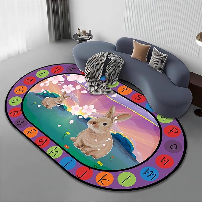 Children's Area Rugs, 5x6ft, Educational and Fun Rugs with ABC Alphabet, Rabbit Bunny Sakura Flower Easter Floor Mat, Non-Slip Washable Kids Play Mat for Boys and Girls Home Decor