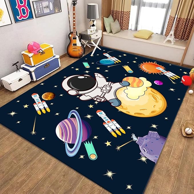 5x6ft Kids Space Themed Area Rug - with Spaceman, Rocket and Planet Design, Non-Slip Washable, Easy Care Rug, Suitable for Kids Playroom, Boys and Girls Room Decor