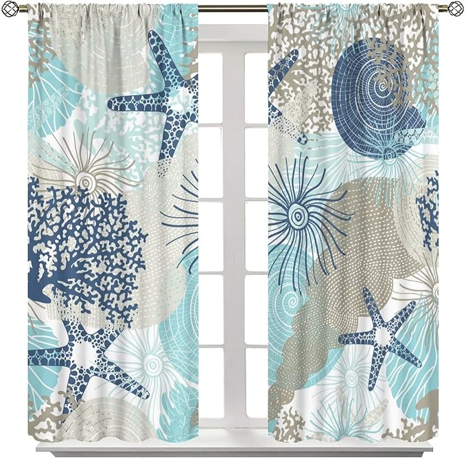 Coastal Curtains Ocean Beach Themed Room Darkening Window Curtain Nautical Coral Decor Curtain for Bedroom Living Room Bathroom Nursery Set 2 Panels,42x45 Inches