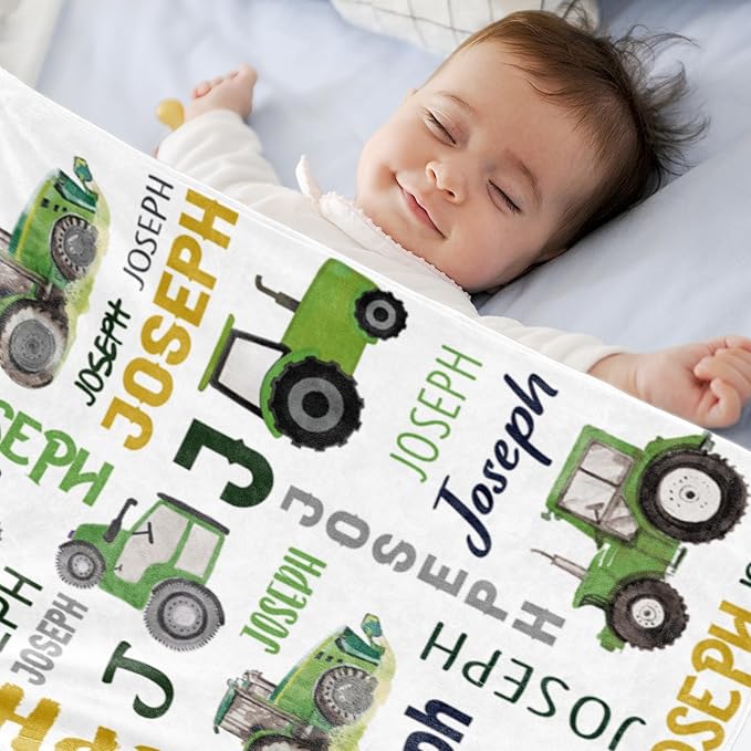 Custom Tractor Blanket with Name for Boys Girls Kids, Personalized Name Blanket Trucks, Soft Flannel Blankets Customized Gift for Children Day Birthday Christmas-40 x50