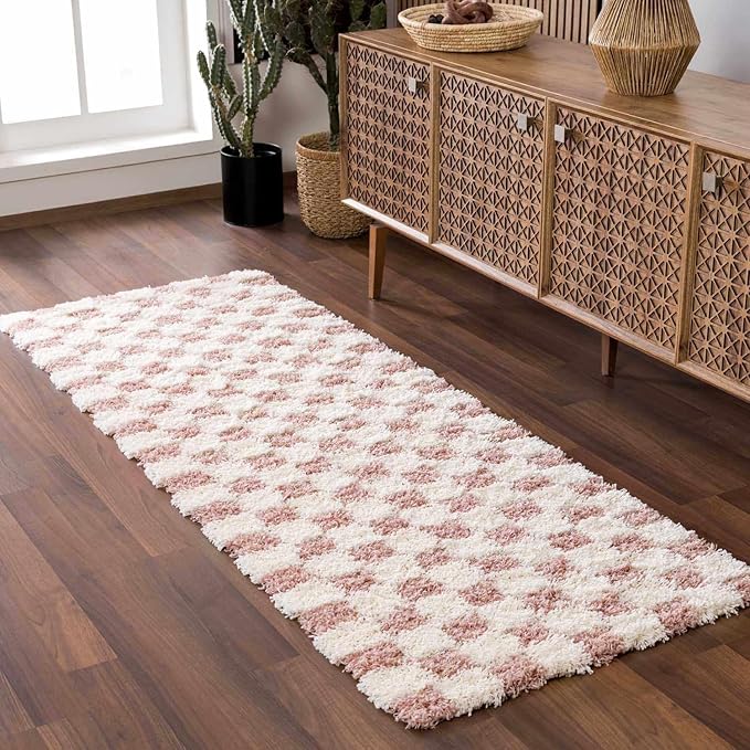 Hauteloom Atira Contemporary Checkered Fluffy Shag Area Rug - Modern Geometric Carpet Tiles for Living Room, Kids Room, Nursery - Plush Pile - Pink, Cream, White - 6'7" x 9'6"