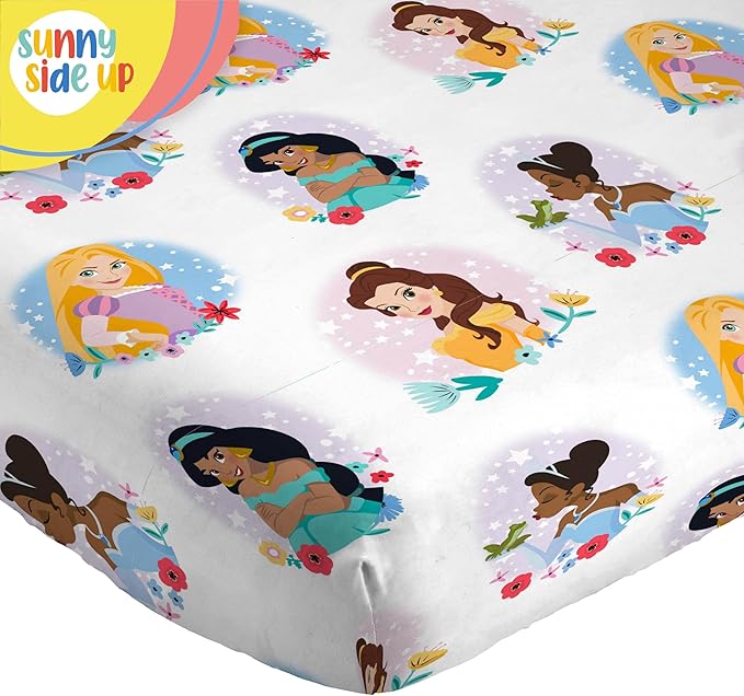 Sunny Side Up Disney Princess Twin Sheet Set - 3 Piece Kids Bedding Set Includes Pillow Cover – Super Soft Rainbow Microfiber Sheets Features Moana, Belle & Rapunzel