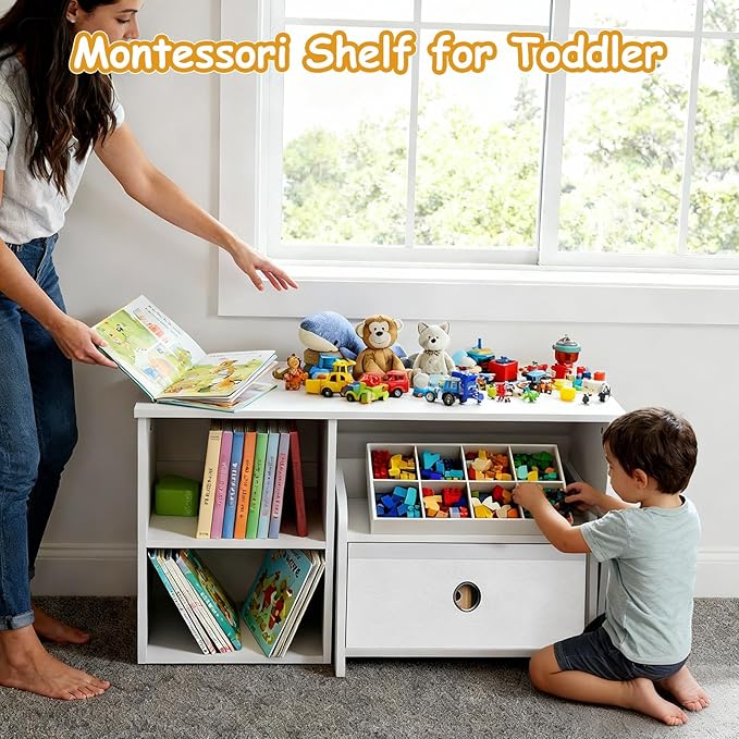 Kids Bookshelf with Bench, Toddler Table with Reading Nook, Montessori Shelf with Fabric Drawer, Toy Organizers and Storage for Kids Rooms, Nursery, Playroom, Bedroom, White
