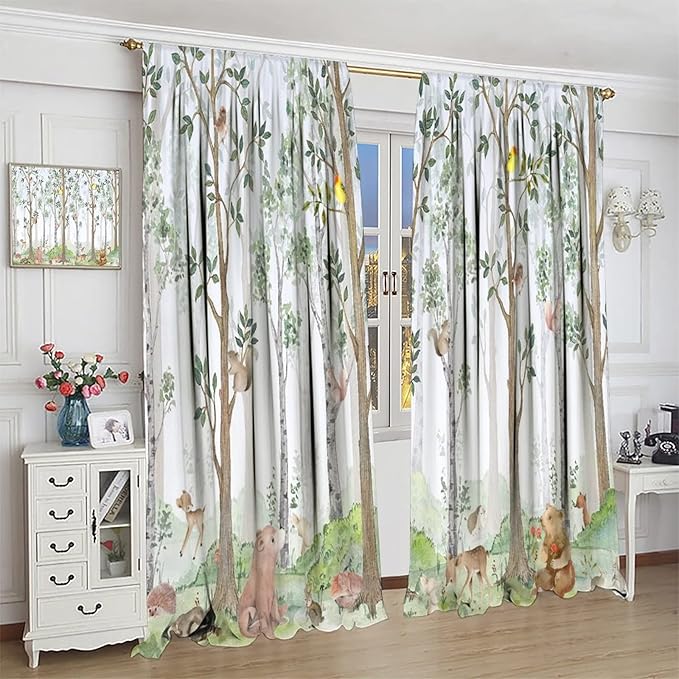 Kids Watercolor Woodland Animal Window Curtains, Bear Deer Squirrel Hedgehog Fox Birds Green Forest Blackout Rod Pocket Treatment for Boys Girls Bedroom 52x84in