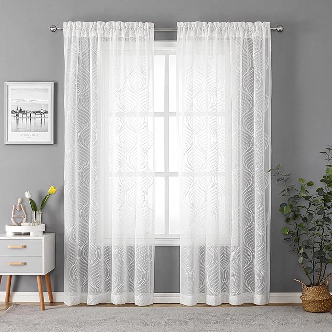 VISIONTEX White Sheer Curtains 84 Inches Long 2 Panels Set Moroccan Embroidery Texture Geometric Rod Pocket Ivory White Voile Tulle Semi Window Treatment Pair for Bedroom Living Room 54 x 84 Inches