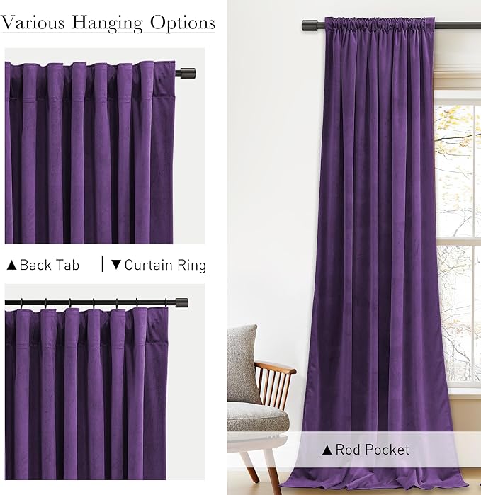 StangH Purple Velvet Curtains 96 inches, Room Darkening Super Soft Velvet Drapes for Living Room Bedroom, Thermal Insulated Window Treatment, 52 x 96 inch, 2 Panels