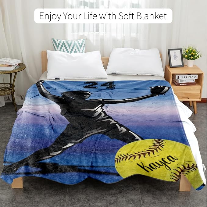 Custom Softball Blanket with Name Number: Personalized Fluffy and Warm Gift for Baby Toddler Kids and Adults Birthday Skin-Friendly Flannel Fabric(40x50inch)