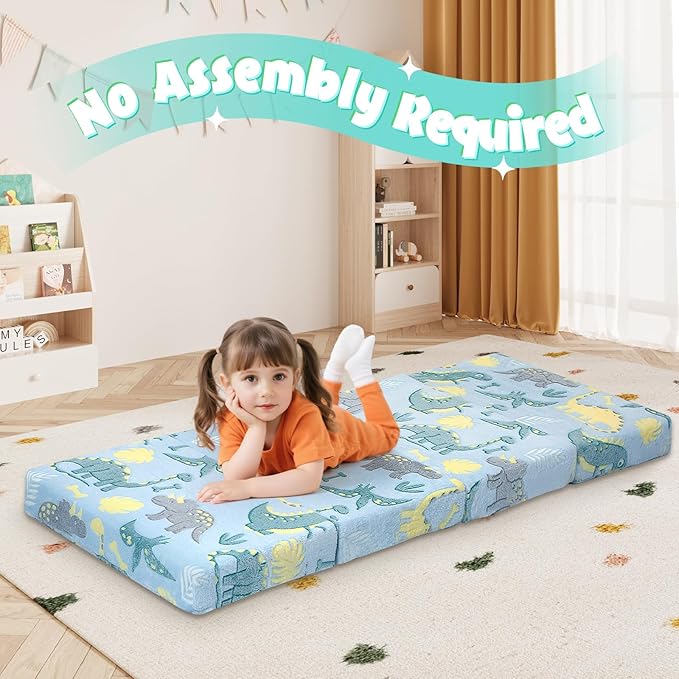 MeMoreCool Foldable Floor Mattress for Kids, Glow Toddler Nap Mat for Sleeping and Daycare, Portable Trifold Futon Mattress Floor Bed, Dinosaur