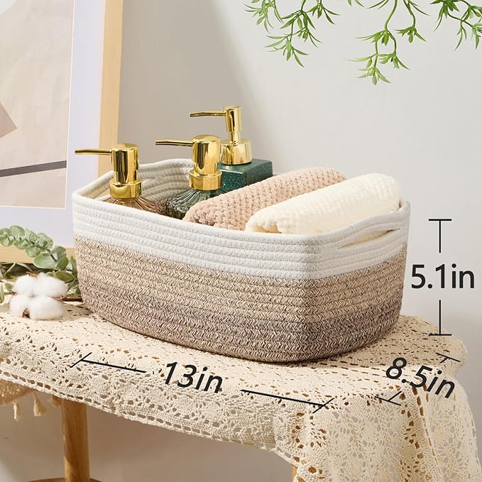 Small Storage Baskets for Organizing | Closet Organizer Bins | Shelf Toy Basket | Woven Rope Baskets | Cube Decorative Box | Shallow Basket | 13x8.5x5.1” | 4 Packs Gradient Brown