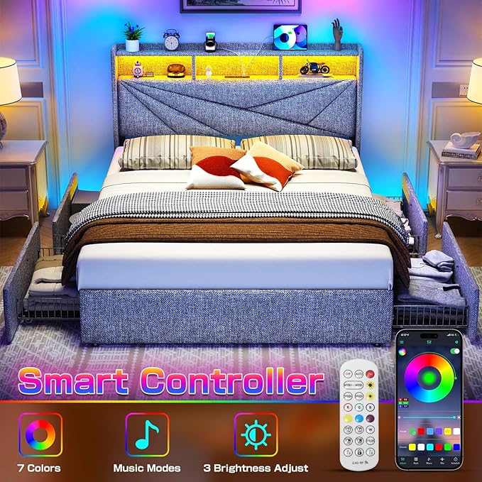 LED Queen Bed Frame with 4 Storage Drawers, Upholstered Bed Frame Queen Size with 2-Tier Headboard and Charging Station, No Box Spring Needed, Easy to Assembly - Light Grey