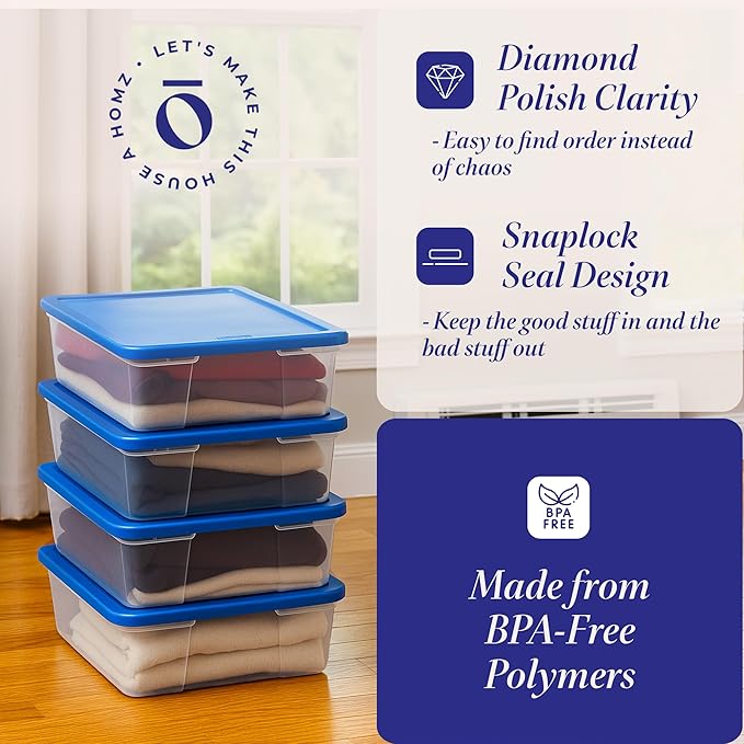 HOMZ 4-Pack Snaplock, Small Clear Plastic Storage Organizer Bins w/Lids, 28 Quart, Blue - Stackable Container Boxes for Bedroom, Bathroom, Garage, and Office Organization