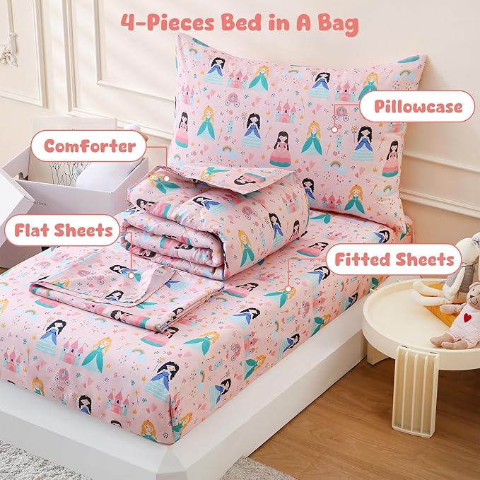LONAVA Toddler Kids Comforter Set - 4 Pieces Toddler Bedding Sets for Boys Girls Children, Ultra Soft Microfiber Bed in A Bag with Flat Fitted Sheets, Princess