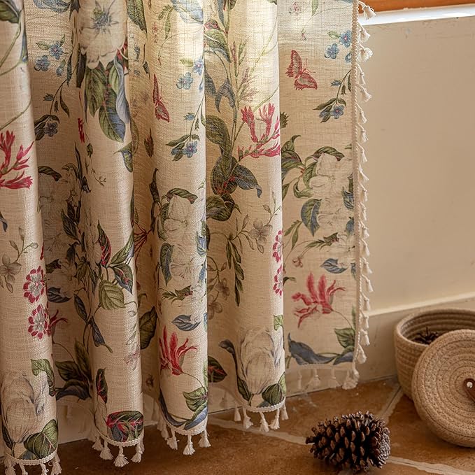 ENJOYBRIDAL Floral Curtains 96 Inches Long Living Room Boho Drapes Bedroom 2 Panels Semi Sheer Vintage Window Curtain Panels Rod Pocket Tassel Farmhouse Nursery Window Treatments