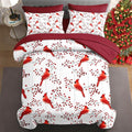 7 Pcs Queen Size Christmas Comforter Set with 2 Pillowcases & 2 Shams, Winter Cardinal Bird Bedding for Kids and Adults, Berries Branches Bed in a Bag with Flat Fitted Sheet