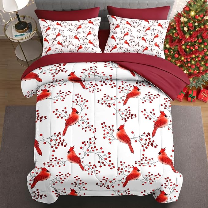 7 Pcs Queen Size Christmas Comforter Set with 2 Pillowcases & 2 Shams, Winter Cardinal Bird Bedding for Kids and Adults, Berries Branches Bed in a Bag with Flat Fitted Sheet