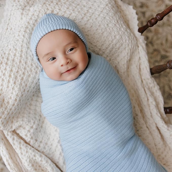Organic Ribbed Swaddle Blanket for Boys & Girls - 100% Luxury Organic Soft Cotton Knit Warm Cozy Cuddle Stroller Blanket for Newborns, Infants, & Toddlers (Denim Blue)