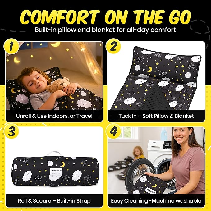 Roll Up Kids Nap mat with Fleece Ultra-Soft Minky Blanket and Pillow – Soft Toddlers Sleeping Mat with Dreamy Star-and-Cloud Design for Daycare, Preschool, Travel, Camping, Kindergarten
