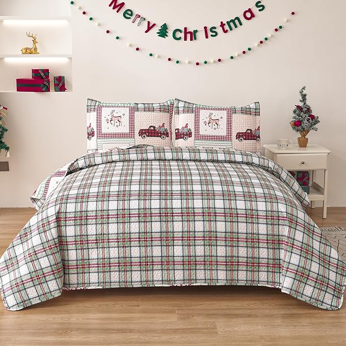 Christmas Bedding Set King Quilt Bedspread Coverlet,Plaid Patchwork Christmas Quilt Bedding Holiday Xmas Bedspread Lightweight Reversible Gnome Santa Claus Home Festival Decor