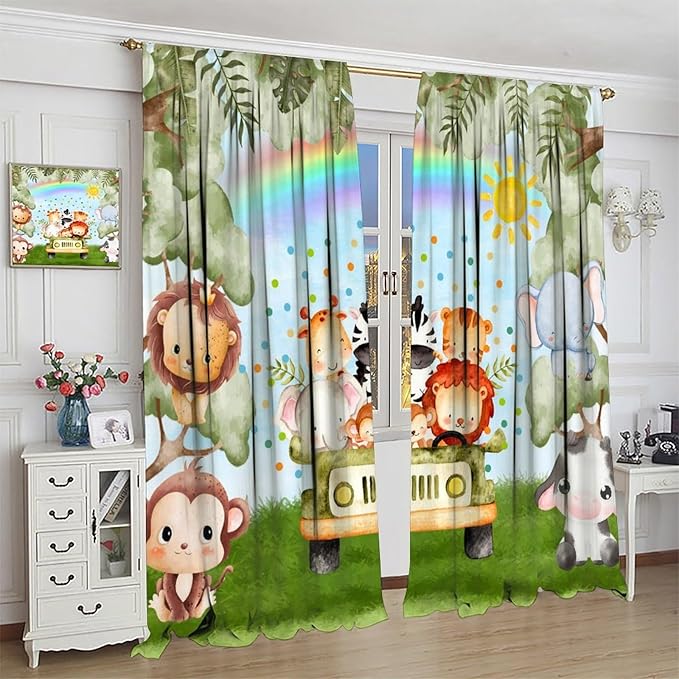 Woodland Kids Curtains Rustic Woodland Wild Animals Watercolor Forest Rainbow Sun Window Draeps for Baby Girls Boys Kids Nursery Bedroom Living Room 2 Panels, 42x45 Inch