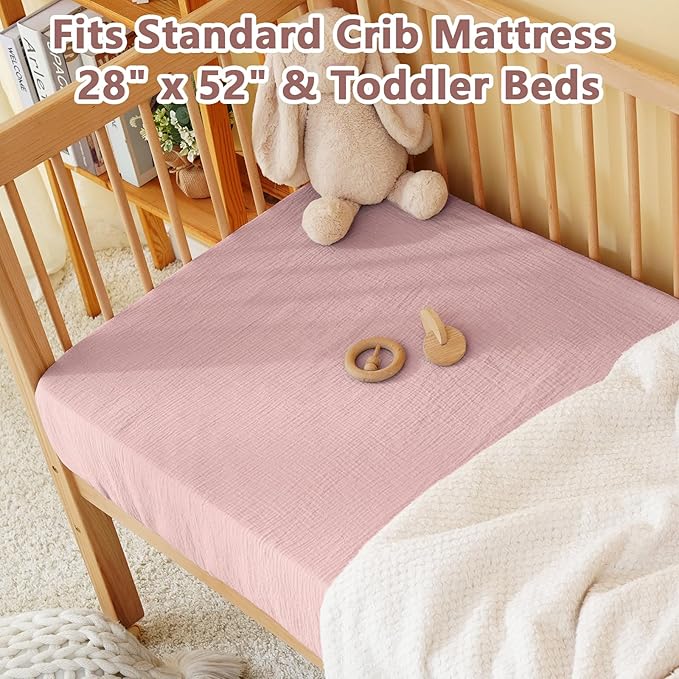 Muslin Crib Sheet – 100% Cotton Baby Fitted Sheet for Boys & Girls, Ultra Soft & Breathable, Snug Fit with 360° Elastic, Fits Standard Crib Mattress 28" x 52" & Toddler Beds.