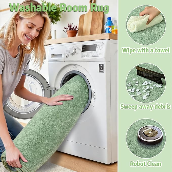 Chicrug 4x6 Minimalist Washable Area Rugs for Bedroom Living Room Classroom, Modern Soft Memory Foam Rug for Kids Nursery, Low Plie Indoor Carpet for Dorm Dining Office Bedside Room Decor, Sage Green