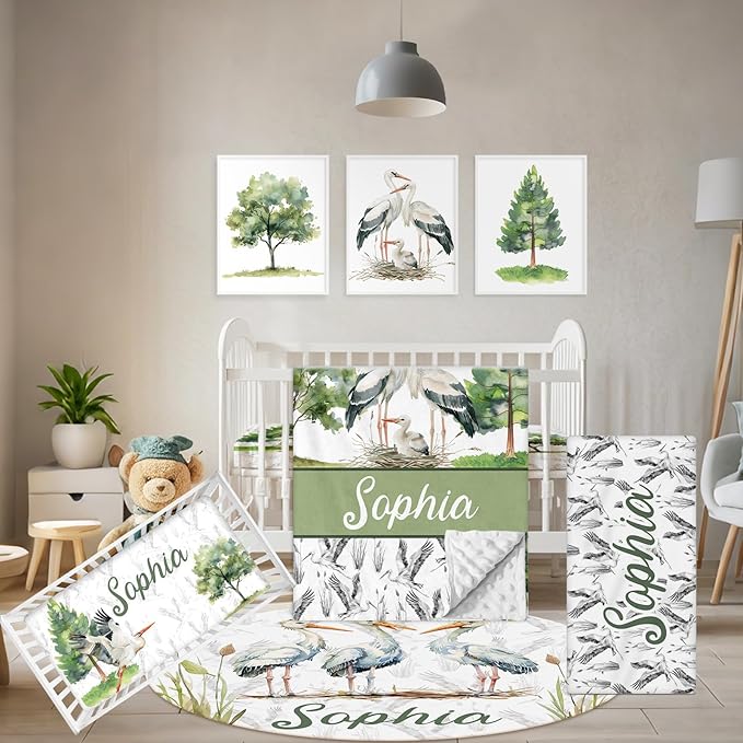 Custom Baby Crib Bedding Set, 5 Pcs Personalized Name Baby Crib Sets for Infant Toddler, Green Crane Nursery Bedding Set for Boy Girl, Double Layer Flannel Baby Bedding Sets Customized Gifts