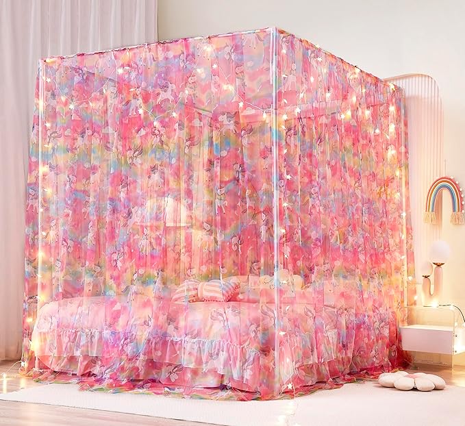 Mengersi Unicorn Bed Canopy for Girls Canopy Bed Curtains with Lights-Canopy for Bed - Bed Netting Canopy for Girls Room Decor,Full Size