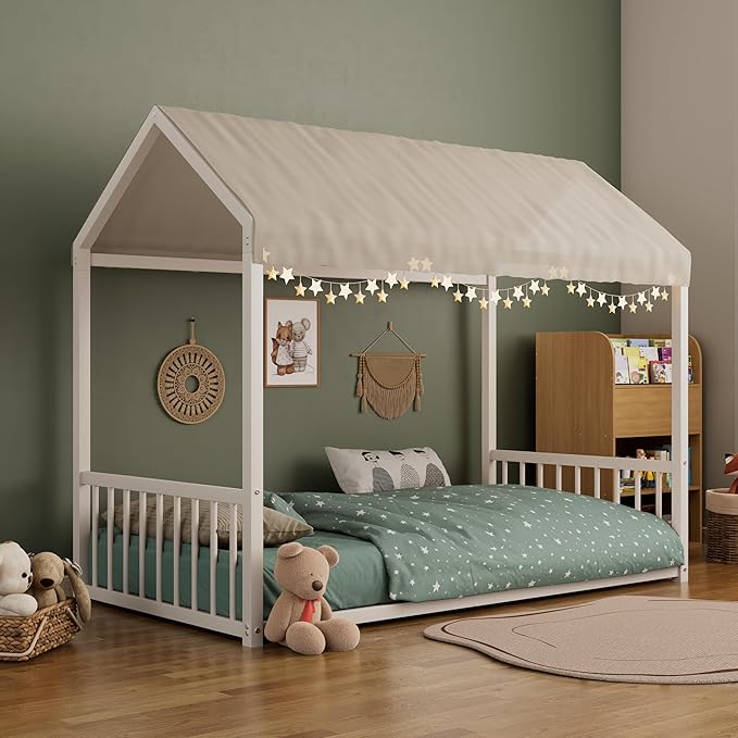 Merax Twin Floor Bed Frame, Montessori Style Metal House Shaped Kids Bed with Vertical Safety Guardrails, No Slats, Grounded Design for Kids and Toddlers, Easy Assembly, White