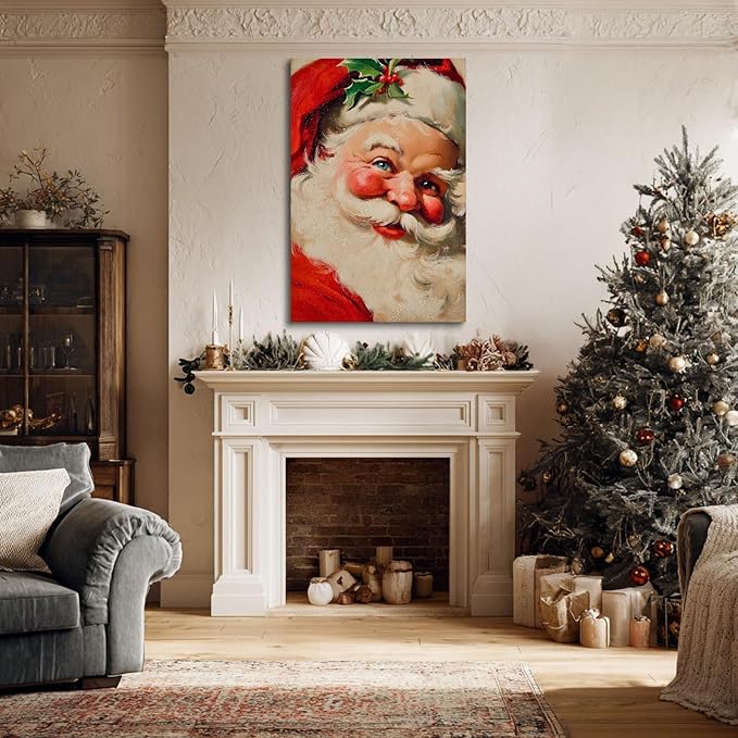 YONICA Christmas Canvas Wall Art Classic Santa 36x46 Inch Traditional Oil Painting Portrait - Large Framed Gallery Wrapped Living Room Art