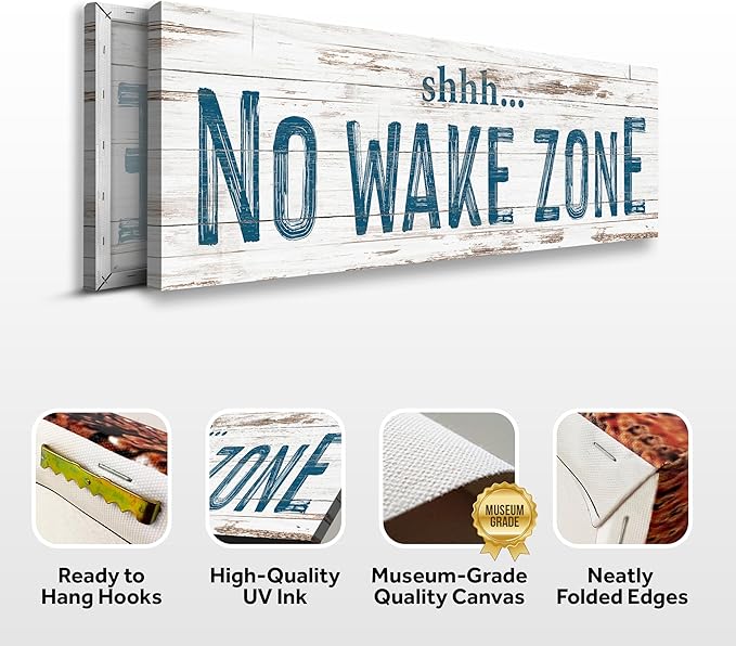TAILORED CANVASES - No Wake Zone Sign, Charming Wall Decor for lakehouse and house, 'Shh No Wake Zone' Sign, Rustic Above Bed Decor, Lake House, Ideal Gift for Any Space 20x60