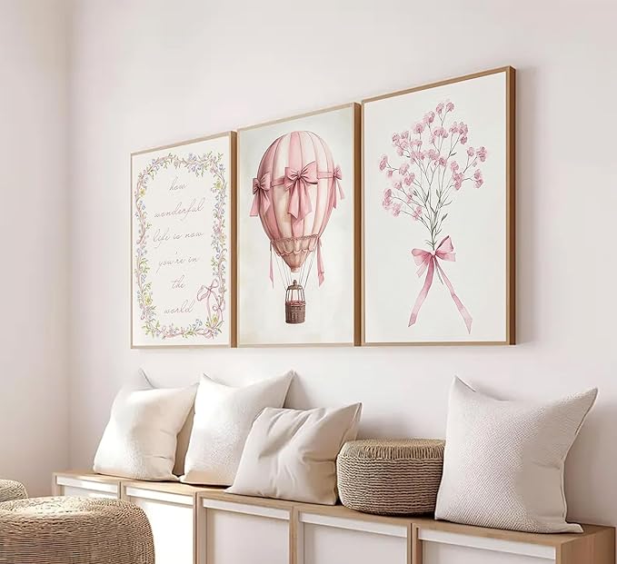 3Pcs Pink Nursery Wall Art Pictures Cute Baby Girls Room Posters Print Neutral Pink Bow Bouquet Hot Air Balloon Pastel Painting Wall Decor for Kids Room Little Girl Bedroom 12x16in Unframed