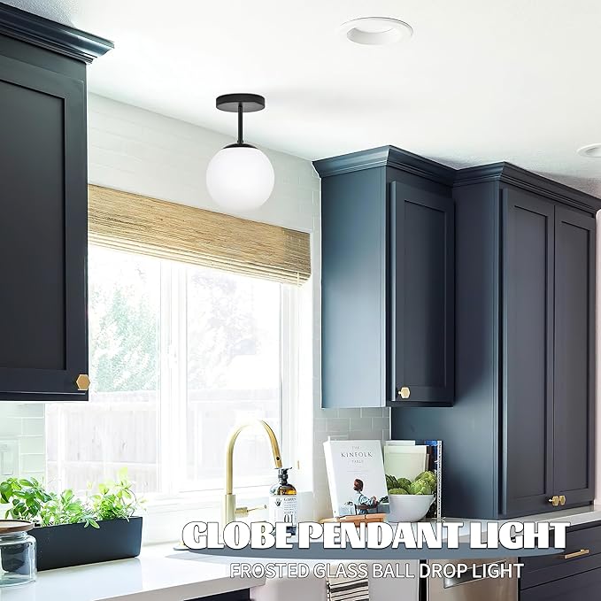 Mid Century Modern Globe Semi Flush Mount Ceiling Light Fixture Frosted Glass with Black Finish1-Light Globe Glass Ceiling Lights for Aisle Porch Stairway Closet Kitchen Laundry Room (Bulb Incl.)