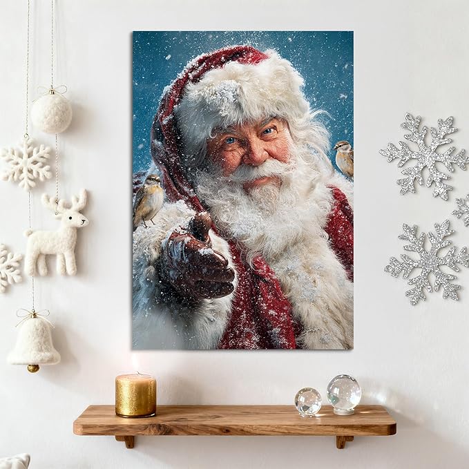 YONICA Christmas Canvas Wall Art Snowy Santa 18x24 Inch Winter Scene with Birds and Snowfall - Large Framed Gallery Wrapped Nature Theme