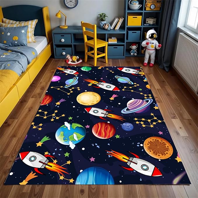 Outer Space Themed Rug,3x4ft,with Cartoon Planets,Stars and Rocket Design Rugs, Suitable for Playroom Bedroom Printed Rug, Non-Slip Machine Washable Carpet, Children's Room Decor