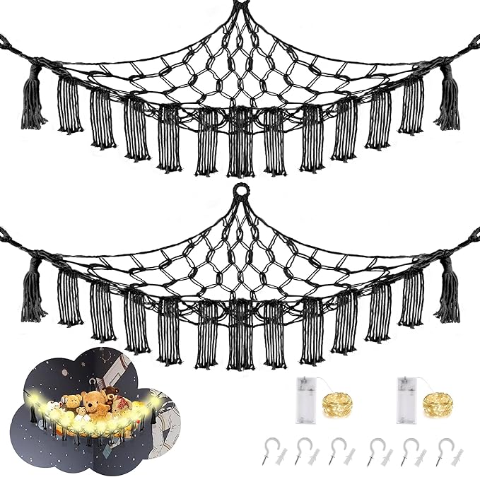 Stuffed Animal Hammock with LED Light, Large Stuffed Animals Storage Corner Plushie Net for Kids Room Decor, 2 Packs Black