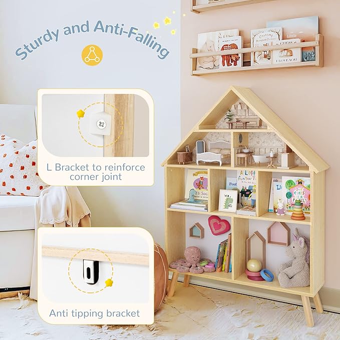 Curipeer Kids Dollhouse Bookshelf and Baby Storage - Wooden Stand Dollhouse Bookcase with 4-Tier Storage Display Organizer, Children Bookshelf for Playing Room, Nursery - Natural Wood Color
