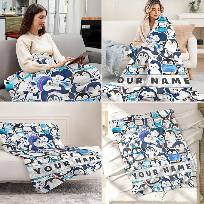 Custom Penguin Gifts for Adult - 60" x 80" Inches Cute Penguin Blanket for Girls - Blue Lightweight Furry Throws for Sofa, Bed & Living Room
