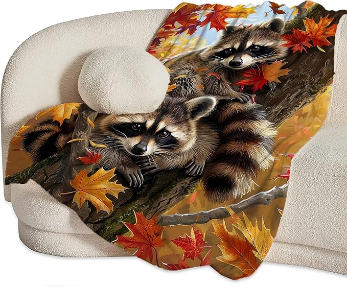 Raccoon Blanket Funny Raccoons Gifts for Girls Boys Woman Kids Raccoon Lover Maple Leaf Throw Blankets Soft Blanket Warm Fleece Flannel Plush Blankets for Bed Sofa Couch 40"x50"