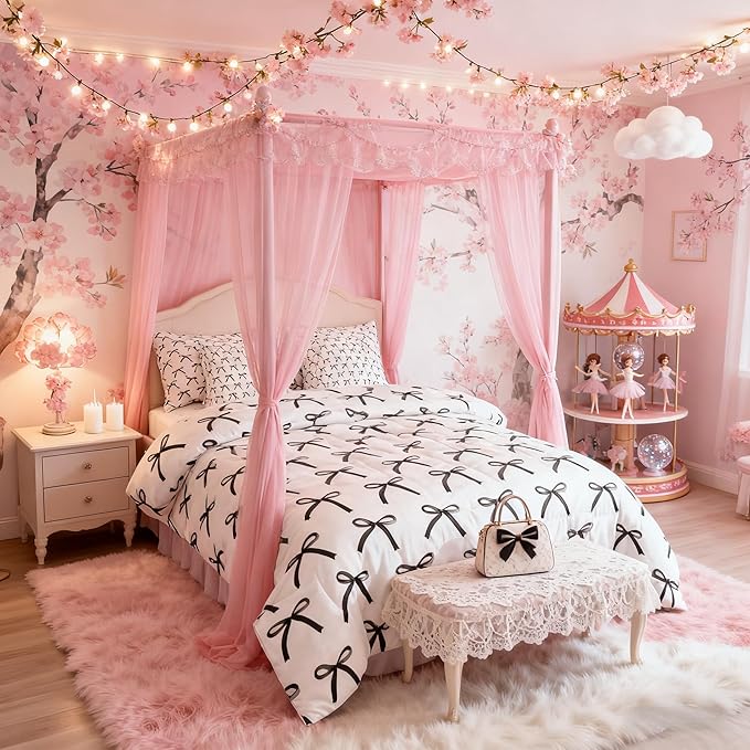 7 Pieces Cartoon Bowknot Kids Comforter King Size,Bow Tie Geometric Patchwork Modern Bedding Set,Bow Butterfly Knot Black White Simple（Comforter+Fitted+Flat+2 Pillowcases+2 Throw Pillow Covers）