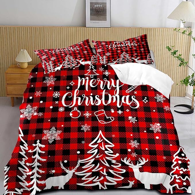 LUVIVIHOME 3PCS Christmas Comforter Set King Size, Plaid Bedding, Red and Black Buffalo Check Snowflake Forest Deer Merry Christmas Bedroom Decor, Soft Microfiber Quilt, Xmas Gifts, 2 Pillow Cases