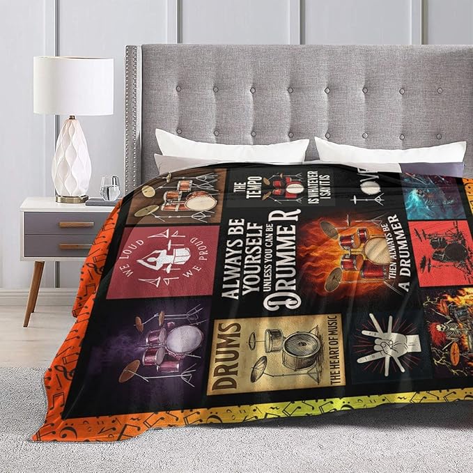 Drum Set Fleece Blanket Rock Music Throw Blankets for Girls Boys Super Soft Warm Flannel Cool Musical Instrument Throws Gifts for Men Women Cozy Fuzzy Plush Stuffed Couch Bed Bedding Decor 80"x60"