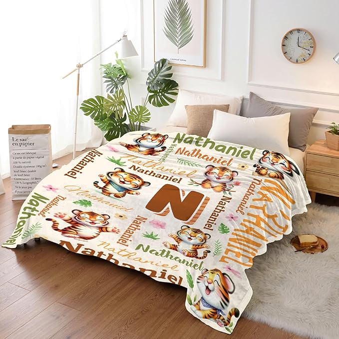 Personalized Custom Tiger Blanket Gifts for Kids Boys Girls with Name - Customized Tiger Super Soft Lightweight Flannel Sheets Decor for Crib Nap Couch - 90"x120" for Whole Family