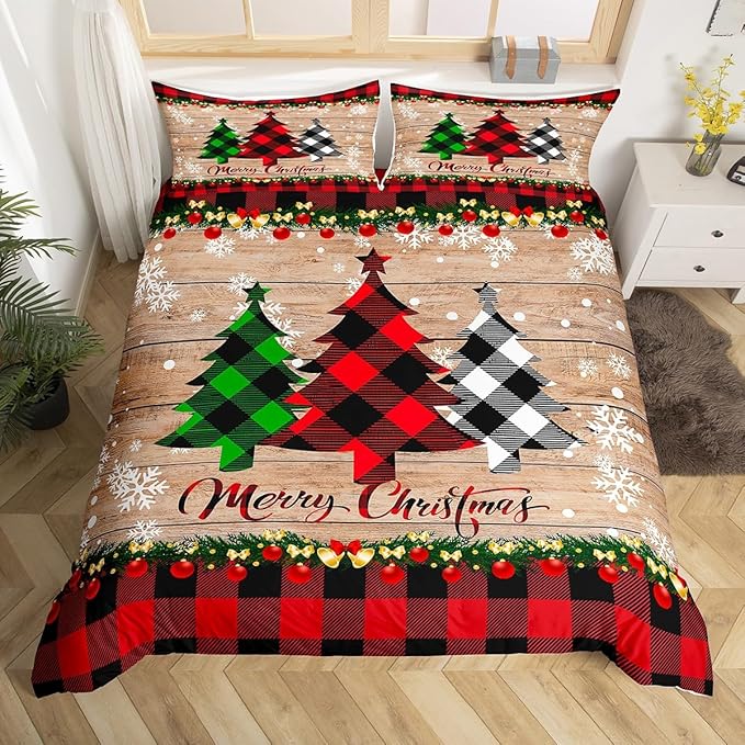 Manfei Plaid Tree Duvet Cover Set Queen Size, Wooden Stripe Print Bedding Set 3pcs for Kids Boys Girls Bedroom Decor, Christmas Theme New Year Comforter Cover with 2 Pillowcases,No Comforter